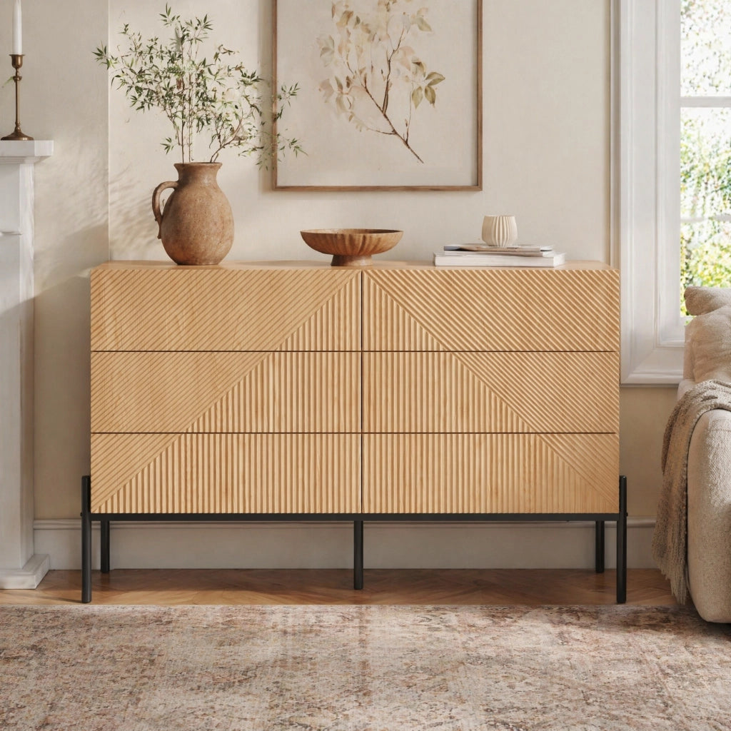 Credenza a sei cassetti geometrica in MDF colore naturale per soggiorno e camera da letto 115,5 × 38 × 75 cm