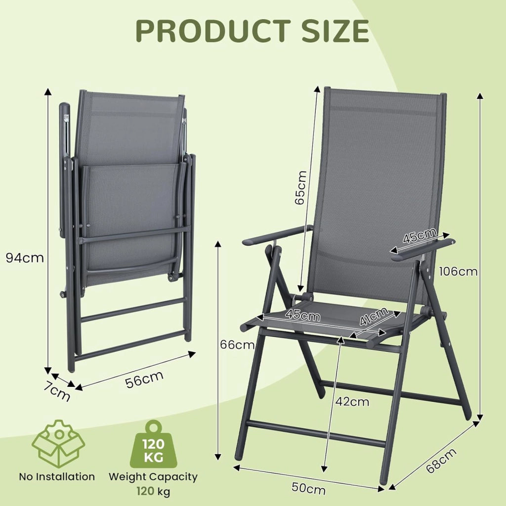 Sedia da Giardino con Schienale Alto Pieghevole Set da 6,Schienale Regolabile su 7 Livelli,Struttura Metallica,Portata Fino a 120 kg,Sedia Pieghevole Leggera per Balcone,Campeggio,Grigio Scuro