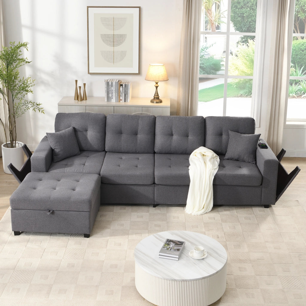 Divano 4 posti con pouf contenitore; USB e Type-C; LED; grigio antico