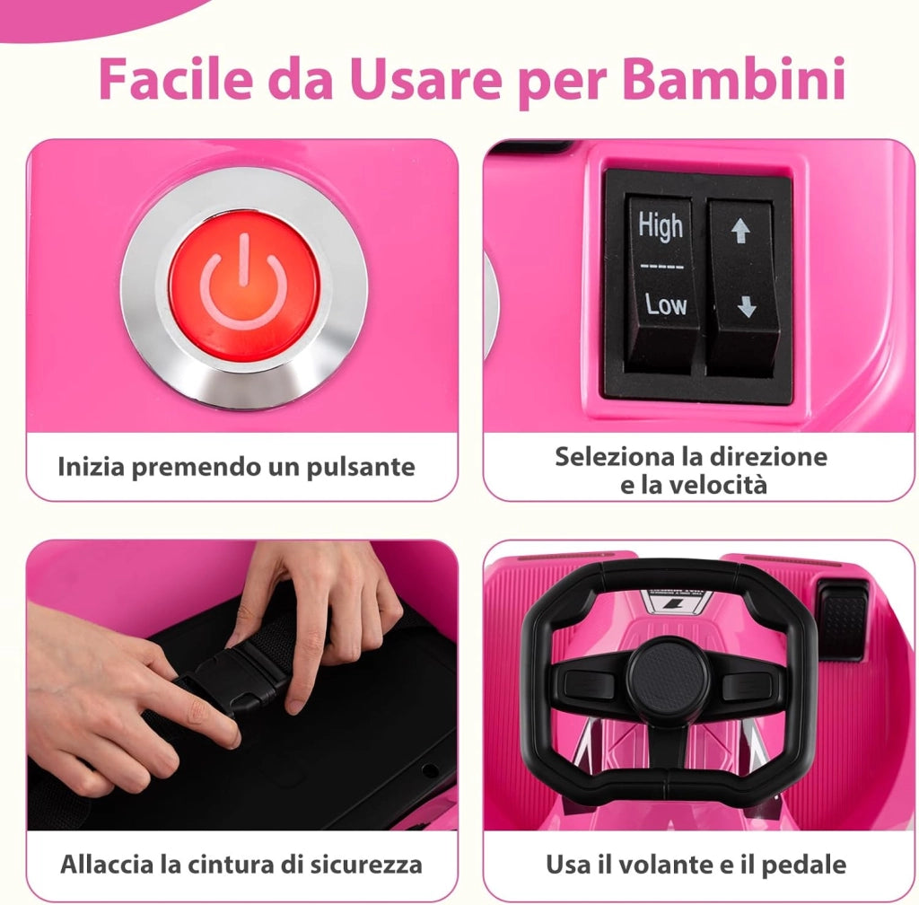 Go Kart Elettrico per Bambini, 12V Macchina Elettrica con Telecomando 3 Velocità Clacson Musica, 2-4 km/h, Regalo per Bambini 2-5 Anni (Rosa)
