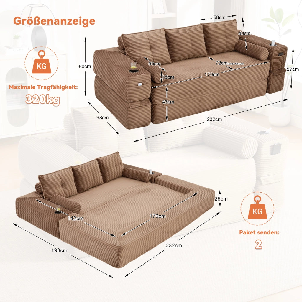 Divano letto modulare con cuscini memory, tasche laterali e portabicchieri in velluto a coste marrone per casa