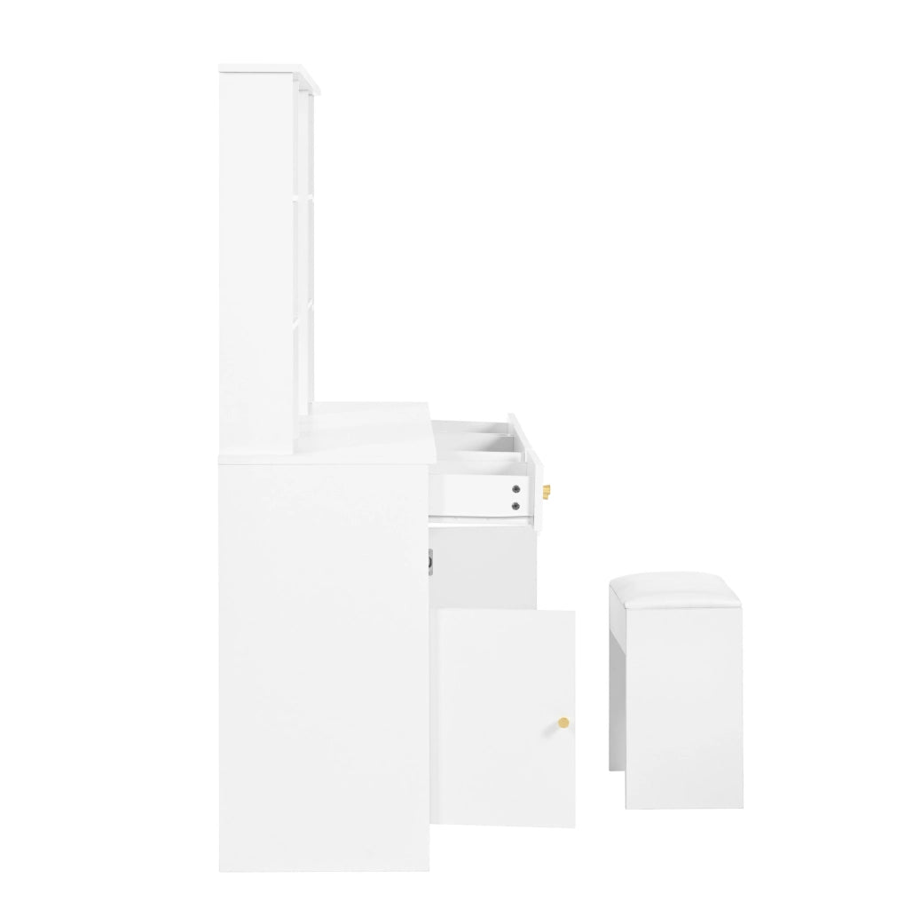Tavolo da trucco 110x40x151 cm con specchio e luci LED regolabili; 3 cassetti e 2 ante; bianco