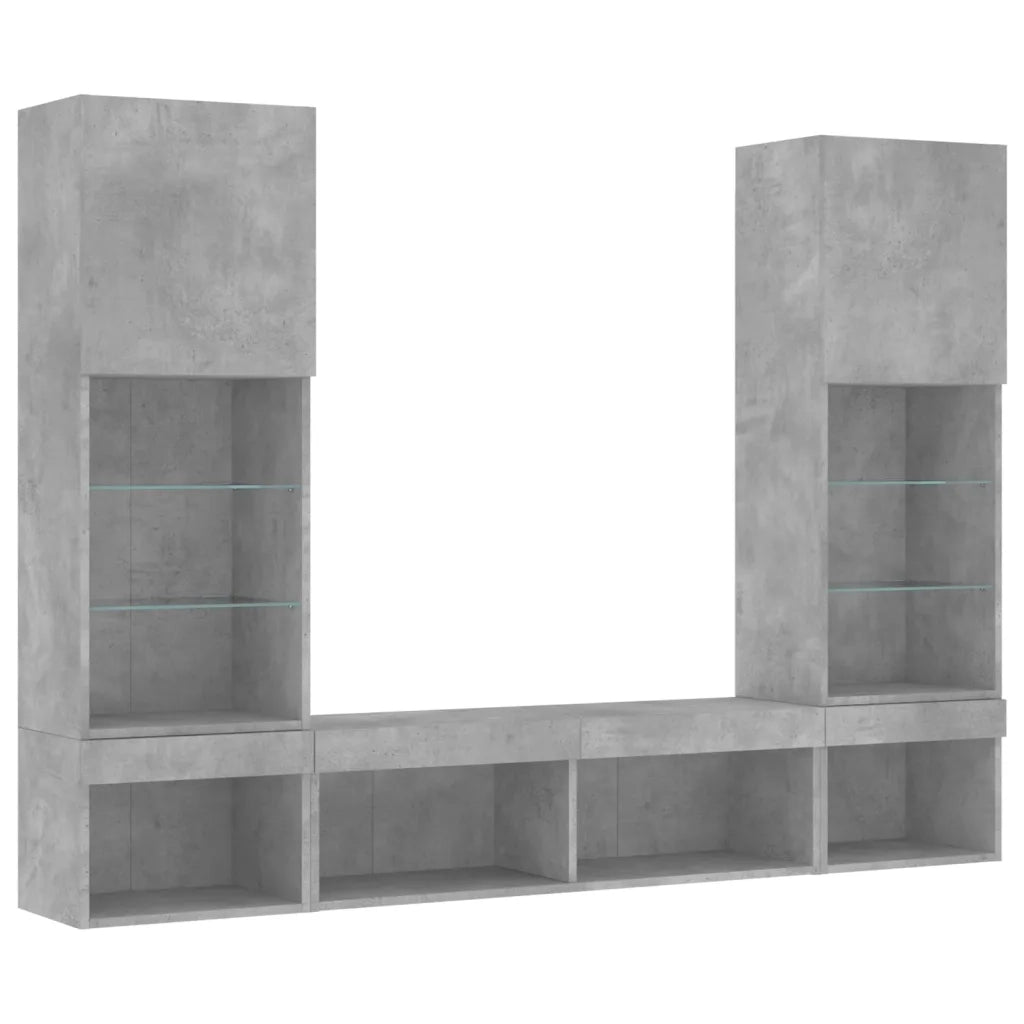 Mobili TV a Muro con LED 5pz Grigio Cemento Legno Multistrato
