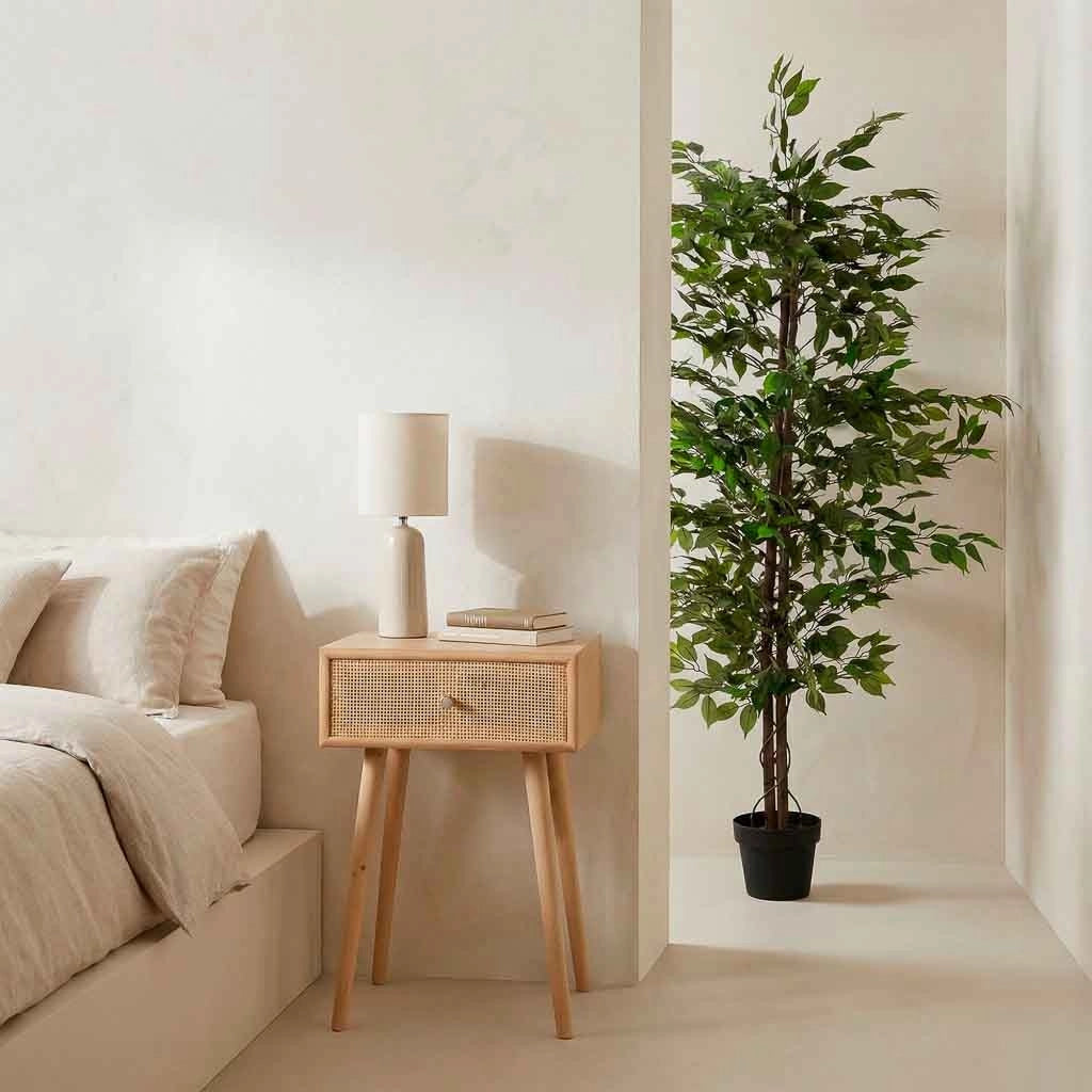 Comodino in MDF e rattan, 1 cassetto, marrone, 40x36x70 cm
