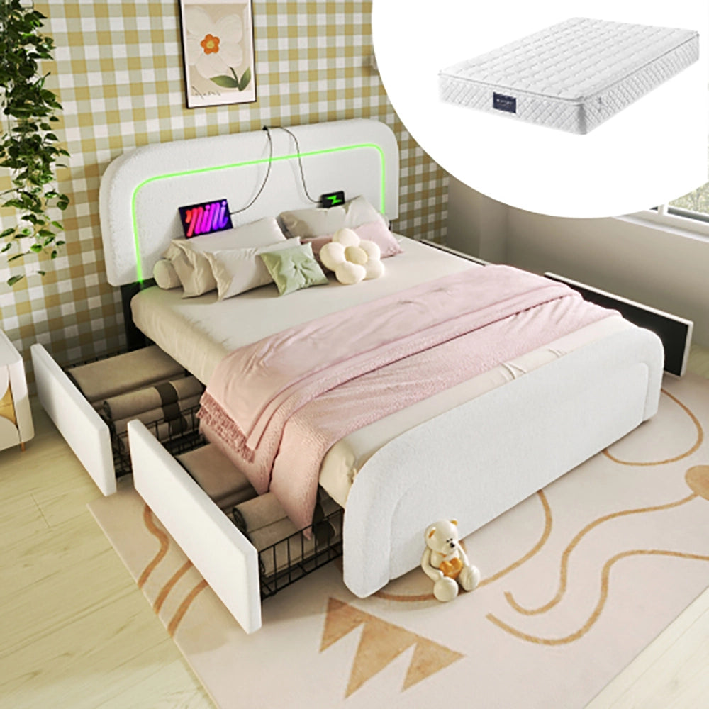 Letto matrimoniale con 4 cassetti - Xylo - 140x200 cm - Bianco - USB Type-C LED testiera regolabile