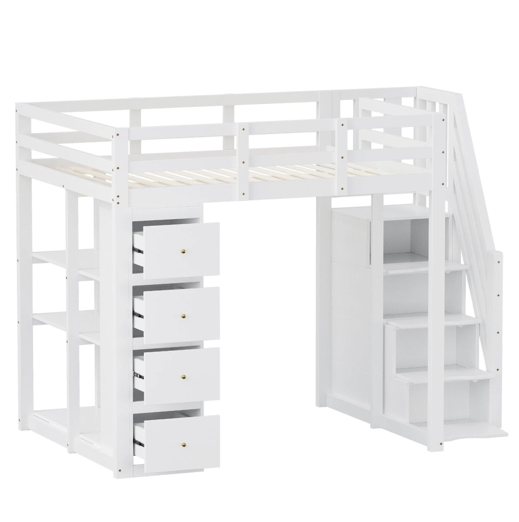 LETTO a soppalco 140x200 cm in legno bianco con 4 cassetti e scala laterale