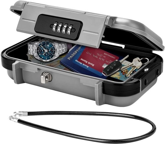 Safetta portatile con combinazione, scatola di sicurezza impermeabile con funzione antifurto, piccola cassaforte con combinazione e filo di ferro rimovibile, cassaforte di sicurezza per casa, ufficio, hotel, viaggi e altro (grigia)