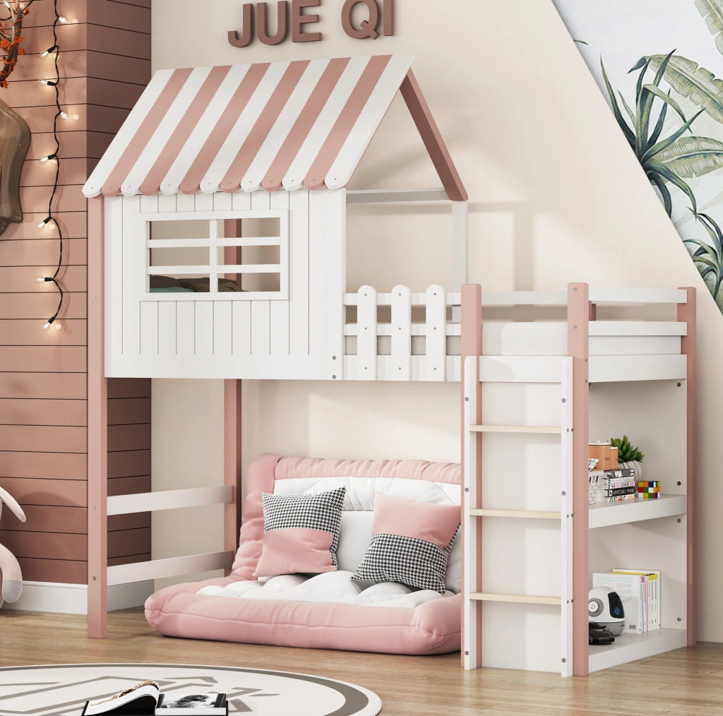 Letto a casetta 90x200 cm con scala di sicurezza e spazio contenitore in legno rosa