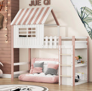 Letto a casetta 90x200 cm con scala di sicurezza e spazio contenitore in legno rosa