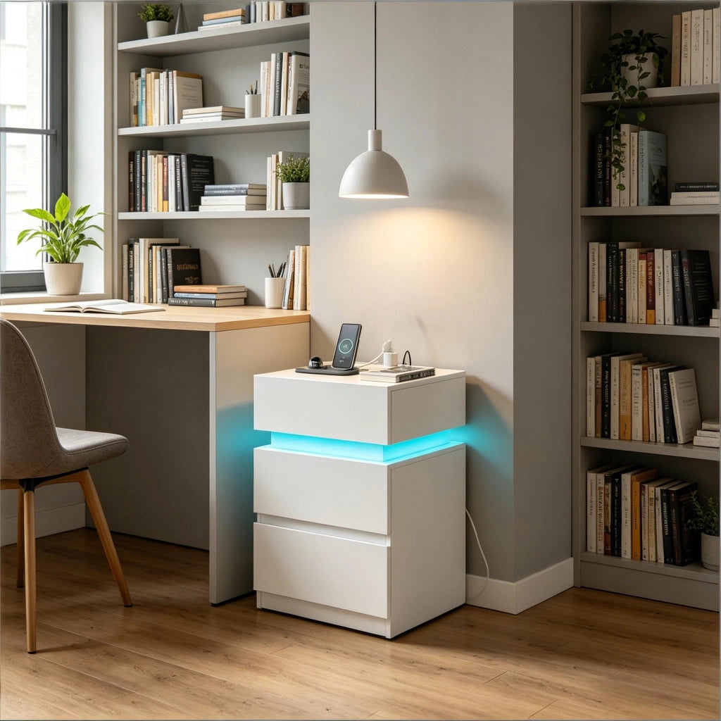 Comodino con LED e stazione di ricarica 2 cassetti e vano a ribalta per camera da letto bianco 35 × 40 × 55 cm