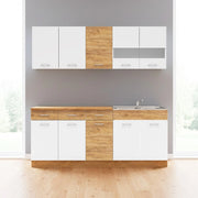 Cucina monoblocco 200 cm Erika bianco e rovere con lavello e pensili
