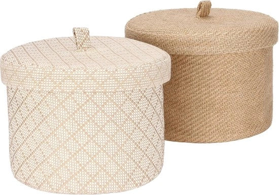 Pacco di 2 Lenzuola di Juta e Coton, Cassetto di Archiviazione Ronde con Copertura per Articoli da Bagno, Giochi e Oggetti Vari, Organizzatore per Gadget da Scrivania da 5 Litri con Coperchio (Dimensione Media B)