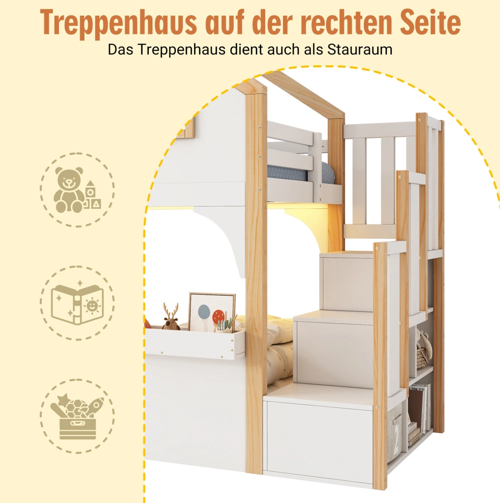 Letto a soppalco per bambini 90x200 cm in legno di pino e MDF; bianco; con LED e scala contenitore