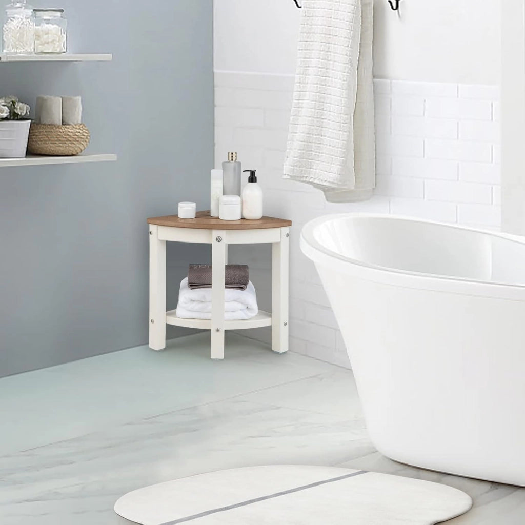 Sgabello Doccia, Sedia da Bagno Angolare in Polietilene con Ripiano, Sedile Multiuso a 2 Livelli per Uso Interno o Esterno, 32,5x32,5x43,5 cm, Capacità di Peso 150 kg (Marrone)