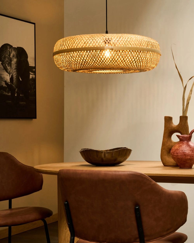 Lampada a sospensione lampadario con paralume in bambù naturale d'ispirazione bohémien rotonda intrecciata Illuminazione