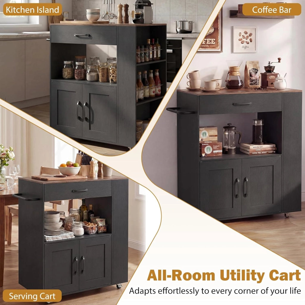 Credenza da Cucina su Ruote, Isola Mobile, Carrello da Servizio con Cassetto e 3 Ripiani, 2 Colori, 75 x 46 x 90,5 cm (Nero)
