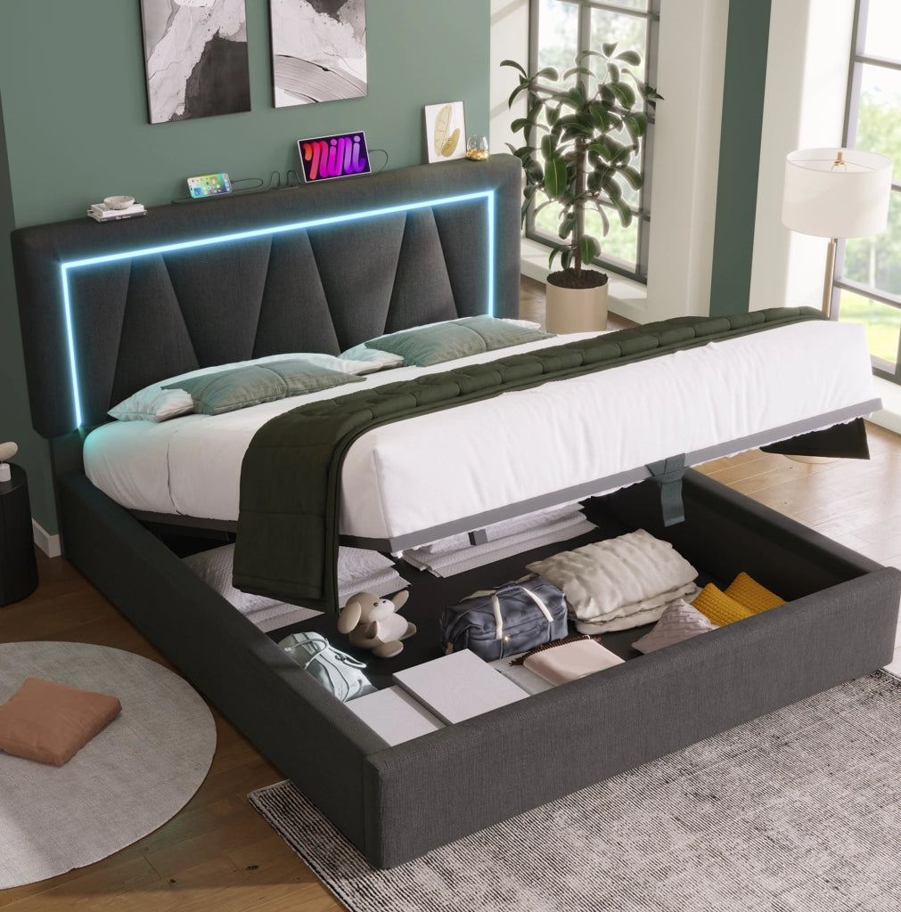 Letto contenitore 160x200 cm con testiera regolabile; LED; USB C; USB; grigio