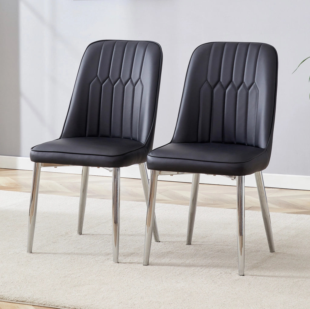Sedia da pranzo moderna in PU nero con gambe in metallo argento; 89 cm