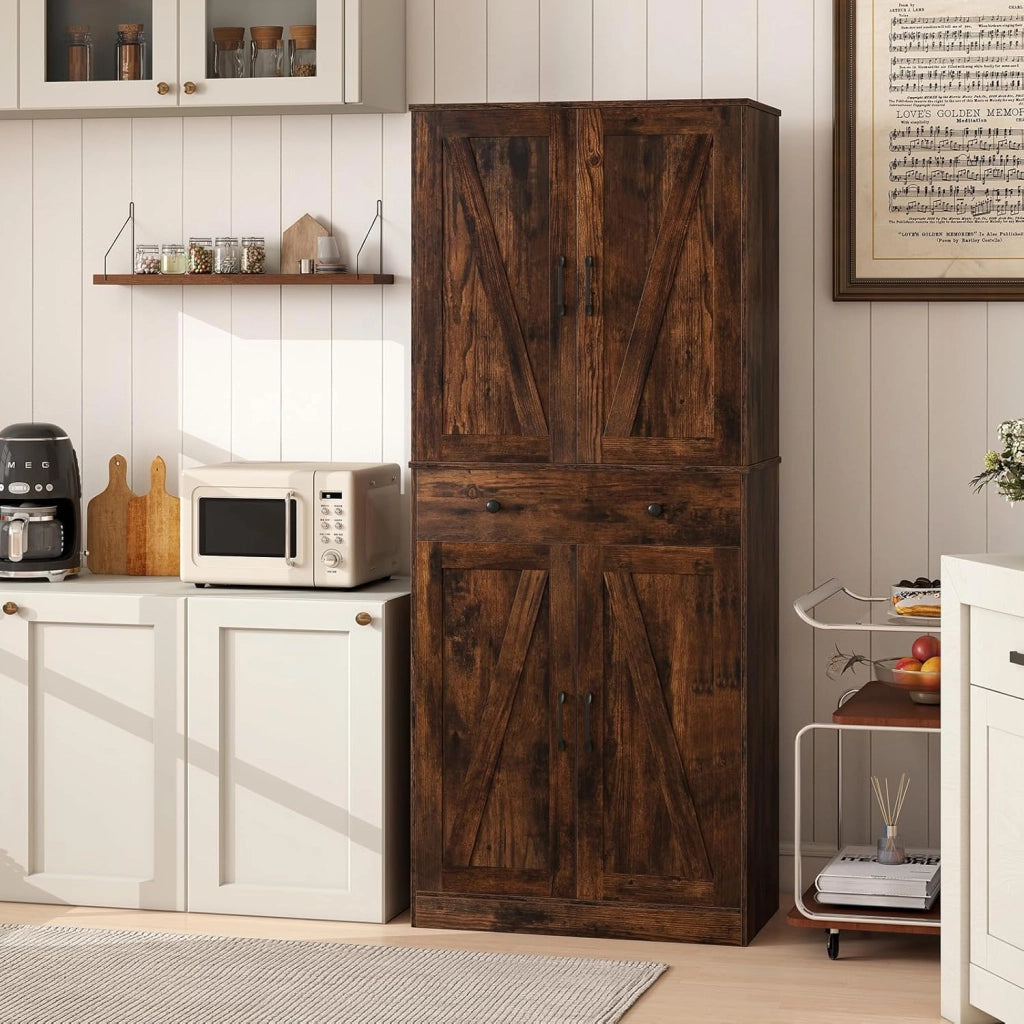 Armadio alto da cucina con 4 ante e 1 cassetto, dispensa in legno con ripiani regolabili, 77 x 39 x 183 cm, mobile per soggiorno, sala da pranzo, bagno (marrone)