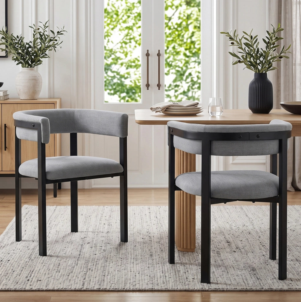 Set di 2 sedie da pranzo moderne in chenille grigio con schienale curvo e struttura in metallo
