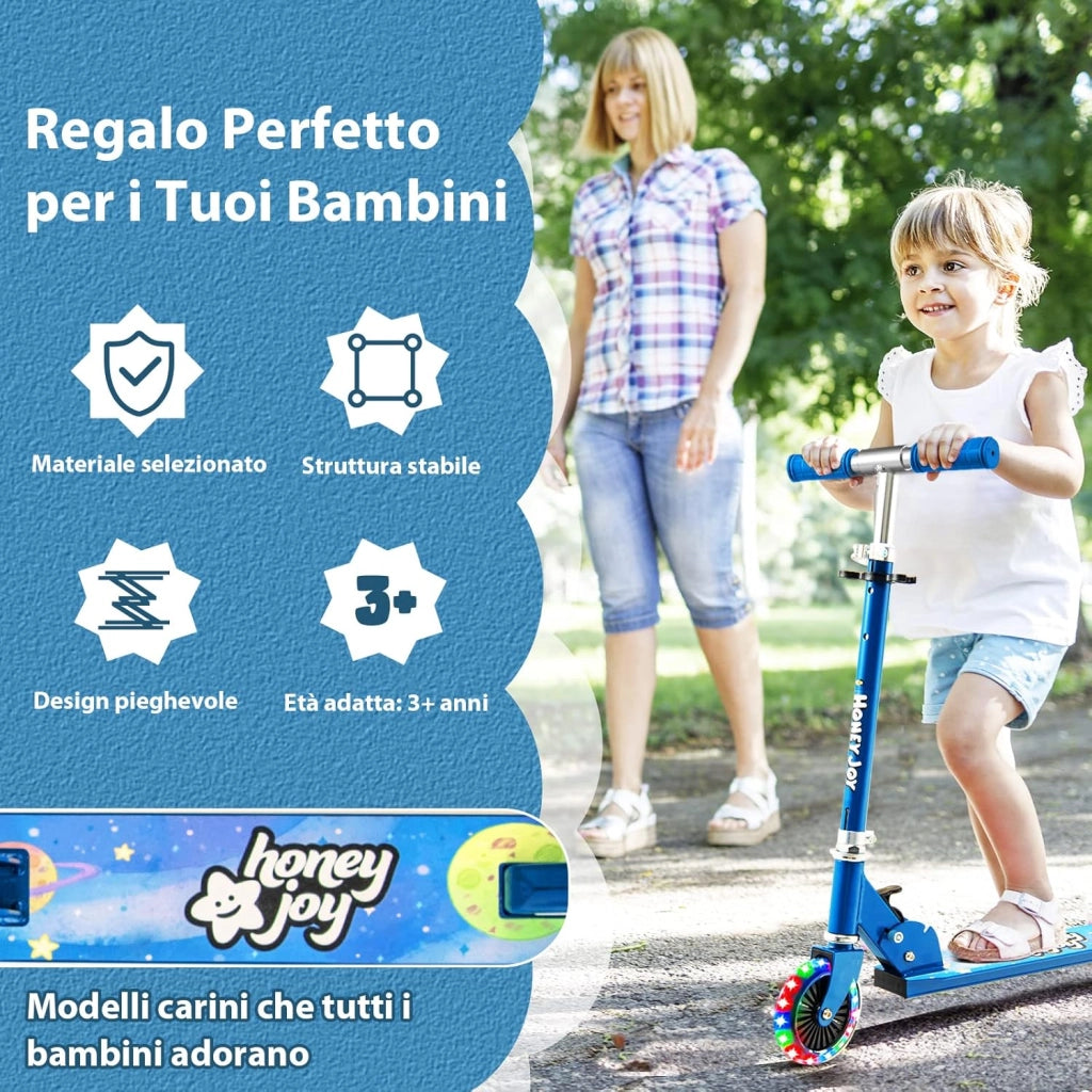Monopattino Bambini, Monopattino Bambino e Bambina +3 Anni Pieghevole con 2 Ruote Lampeggianti, Manubrio Regolabile e Freno (Blu)