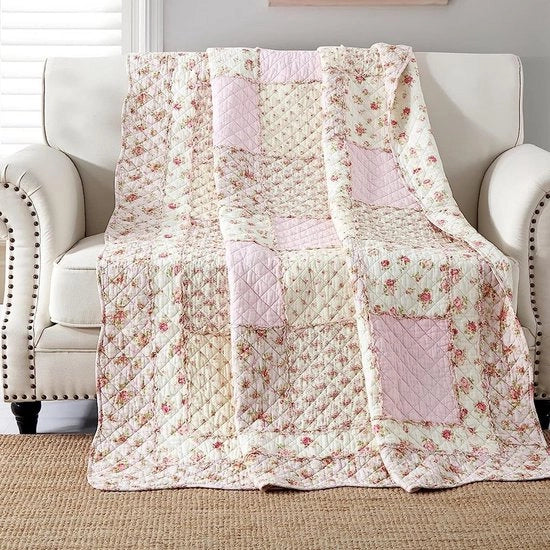 Sprei patchwork per bambina unisex per letto singolo 150x200cm, deken patchwork in cotone con motivi floreali per ragazze, coperta per letto 140x200cm con disegno di fiori.