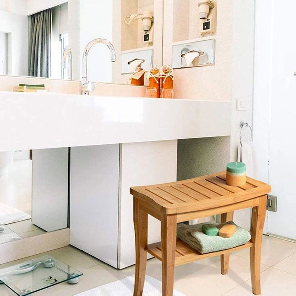 Sgabello da Bagno in bambu Naturale con Panca Ripiano Portaoggetti bamboo
