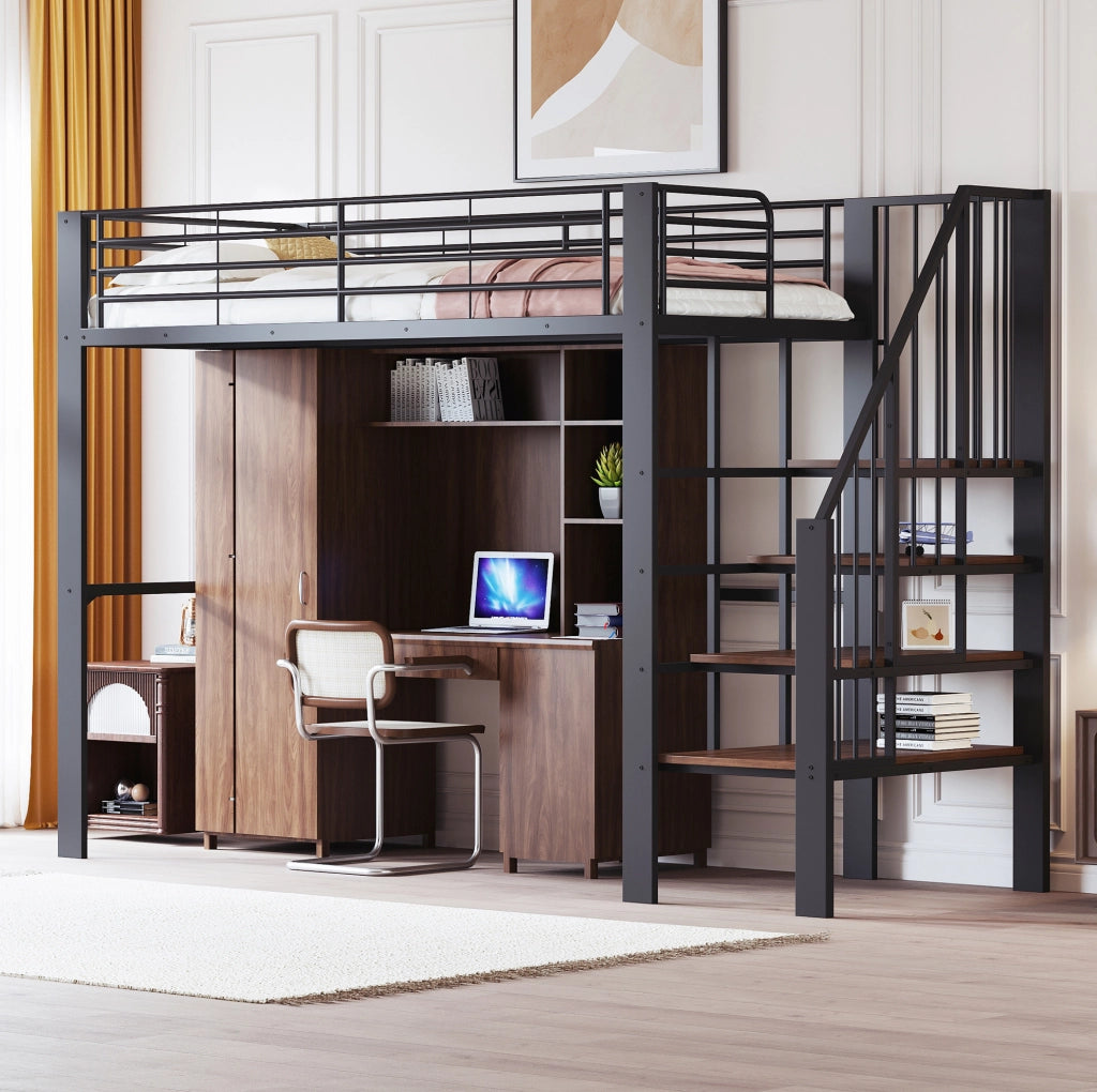 Letto a soppalco 90 x 200 cm in metallo nero con scala