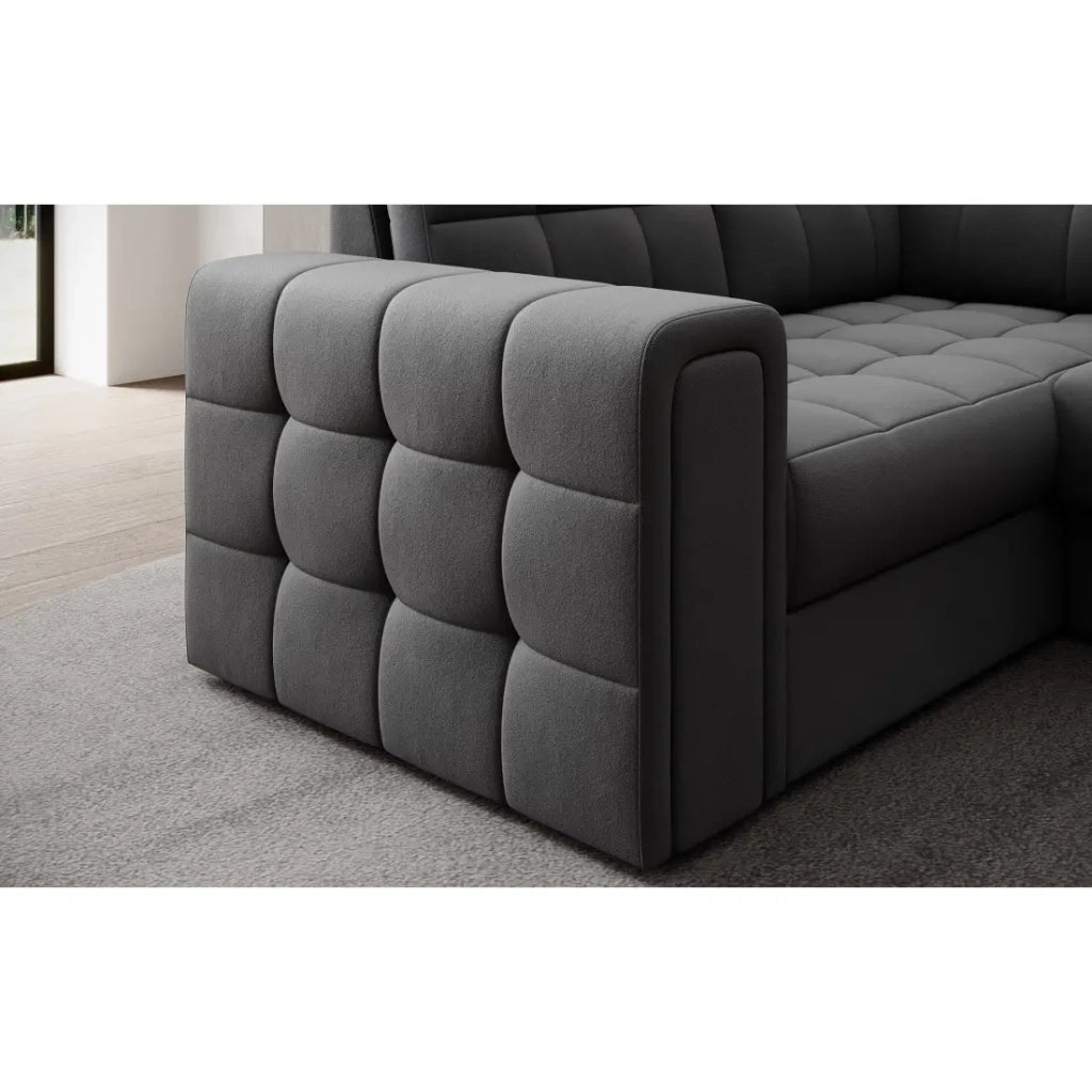 Divano angolare trasformabile MONTEZA grigio scuro 299 cm con contenitore e letto