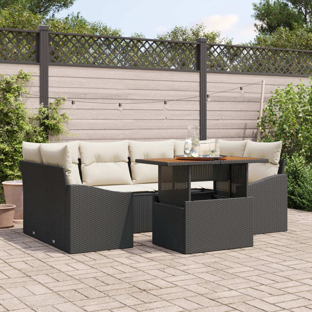 Set da Pranzo da Giardino a 7 Pezzi con Cuscini Nero Polyrattan Acacia