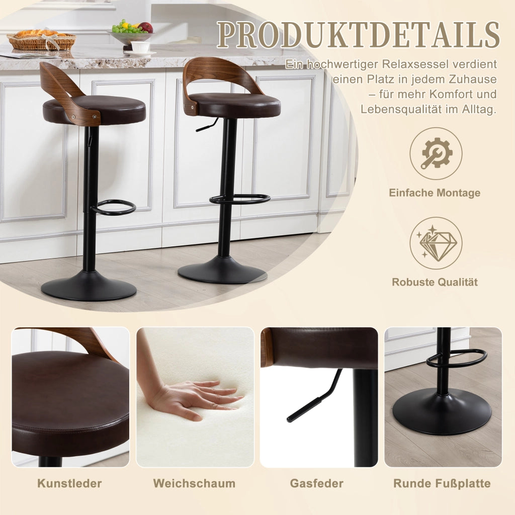 Set di 2 sgabelli da bar girevoli a 360° con schienale; altezza regolabile; in PU marrone; 42;5 × 42 × 77-98 cm