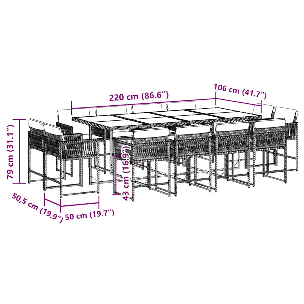 Set da Pranzo da Giardino 13pz con Cuscini Nero in Polyrattan
