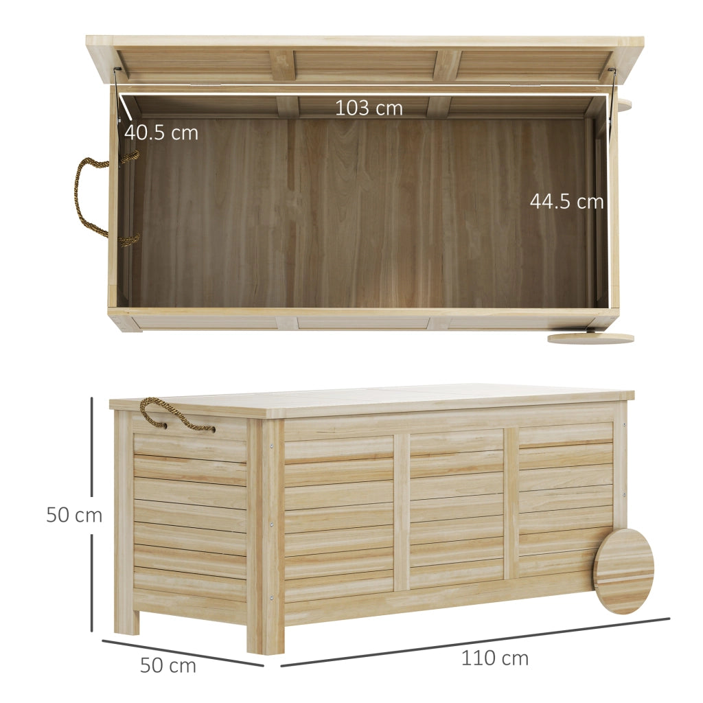 Baule Cassapanca da Esterno 110x50x50 cm a 2 Ruote con Telo Interno in Legno di Abete