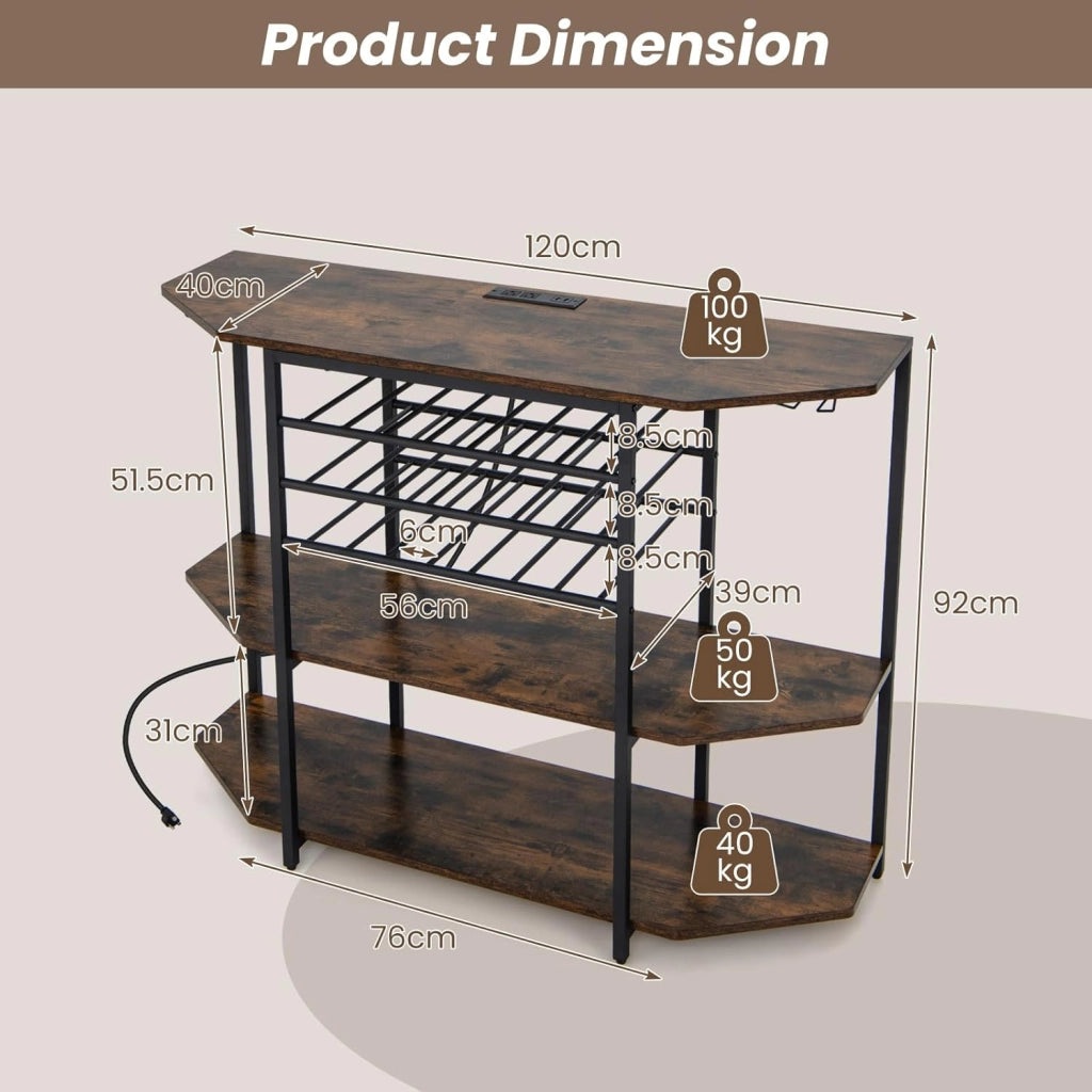 Credenza con portabottiglie per 21 bottiglie, tavolino da cucina sottile con 2 porte USB e 2 prese, portabottiglie a 3 livelli con supporto in vetro, tavolo industriale per vino, 120 x 40 x 92