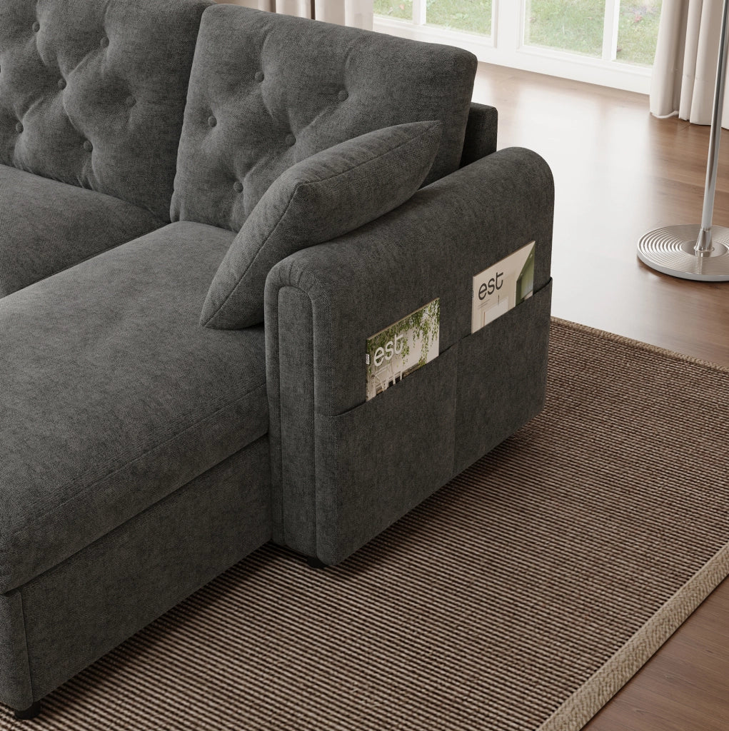 Divano angolare letto 281x132x86 cm con vano contenitore e tasca laterale in velluto grigio