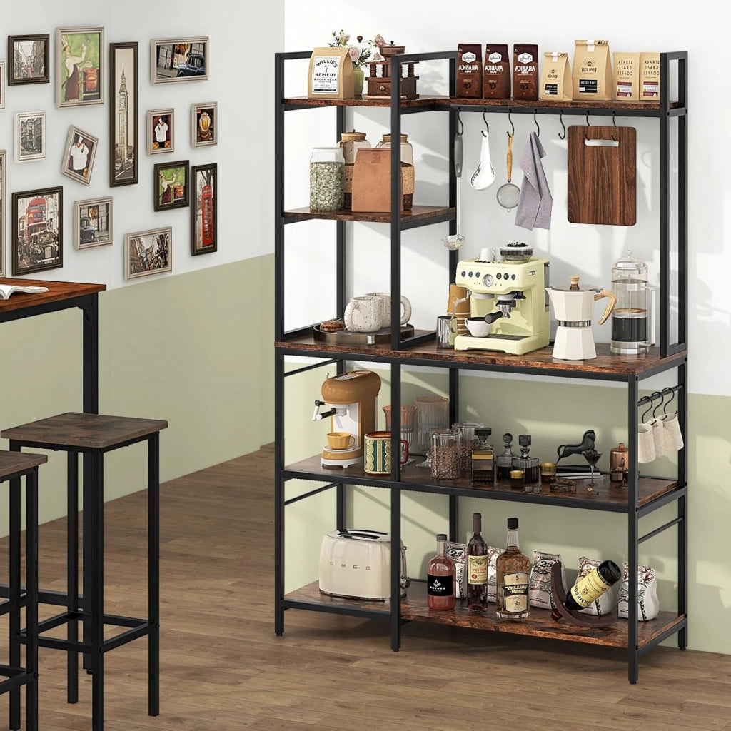 Scaffale da Cucina su 5 Ripiani, Scaffale per Microonde con Multipresa, Mensola da Cucina Struttura in Metallo con 10 Ganci, per Sala Pranzo e Pannettiera, 107 x 37 x 160 cm, Marrone Vintage