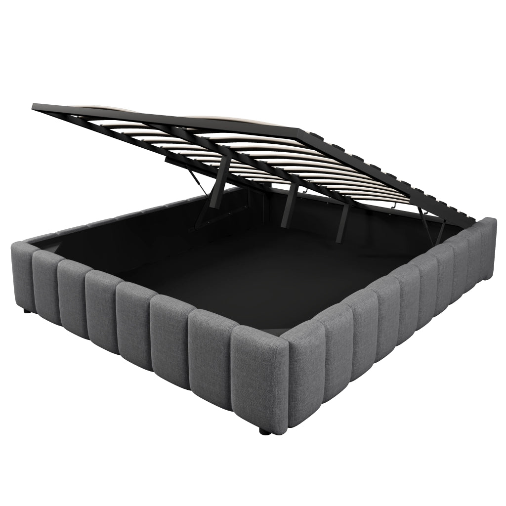 Letti contenitori 140x200 cm con contenitore idraulico; senza testiera in lino e MDF; grigio (Senza materasso)