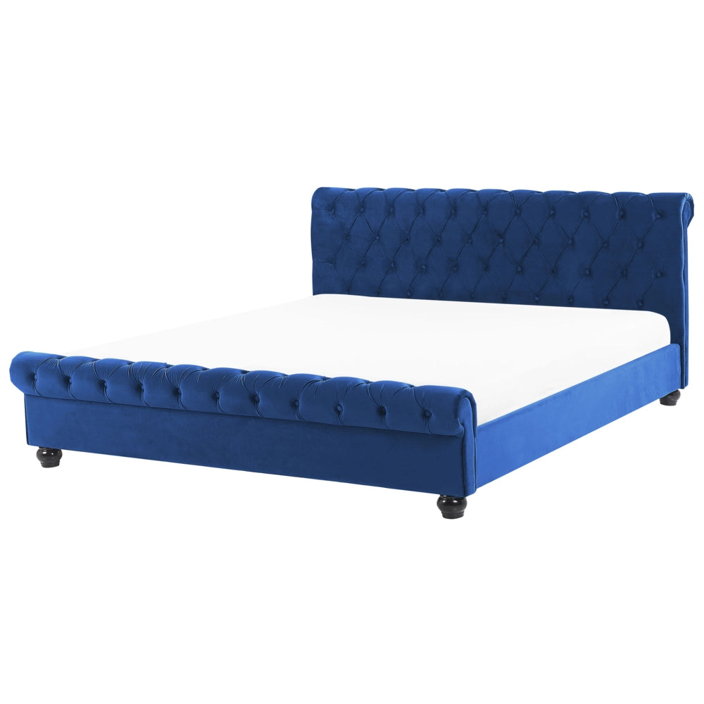 Letto ad acqua in velluto blu marino 180 x 200 cm con testiera trapuntata glamour