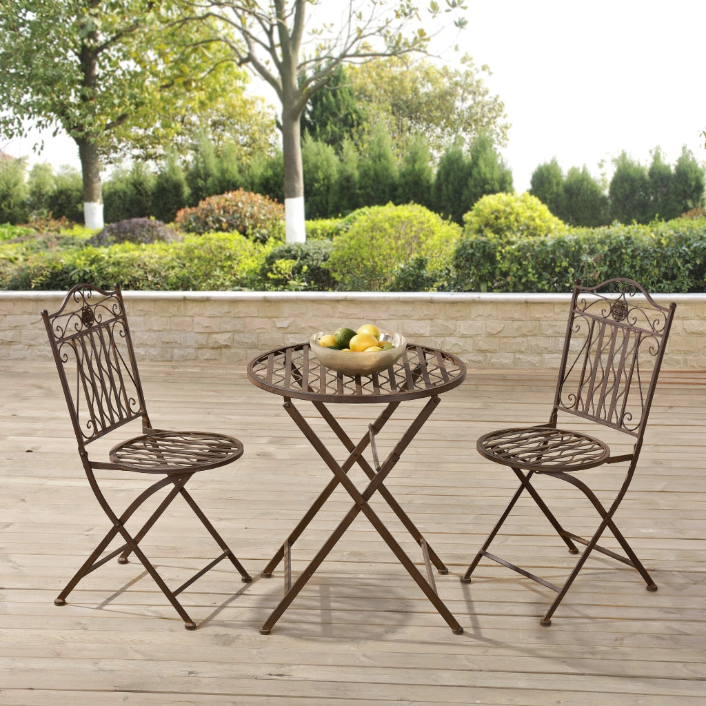 Set Bistrot Biella da Esterno con Tavolo Rotondo e 2 Sedie in Metallo Decorativo - Marrone [en.casa]