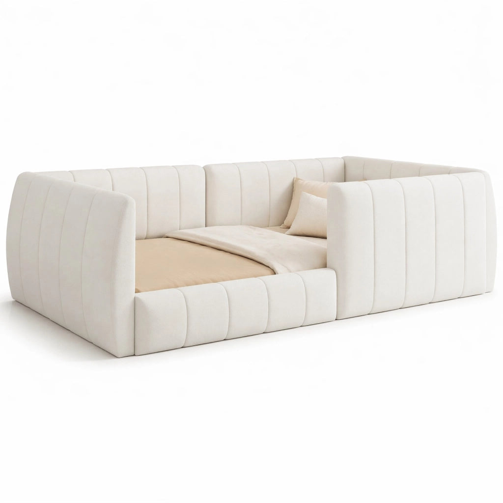 Letto imbottito 90x200 cm con sponde di sicurezza in MDF e velluto beige