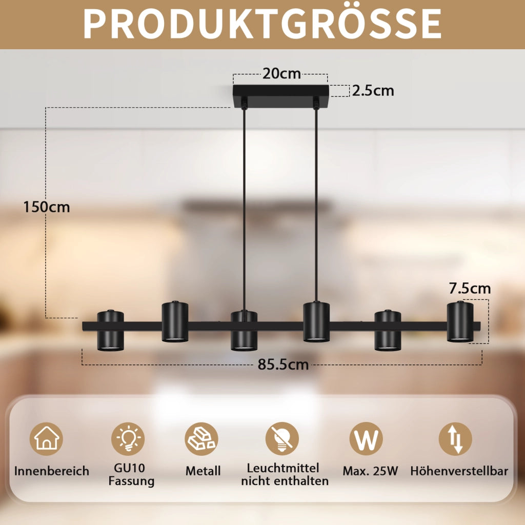 ZMH Lampada a Sospensione Nera 6 Luci Metallo 150cm GU10 Industriale per Sala da Pranzo Soggiorno Cucina Senza Lampadine