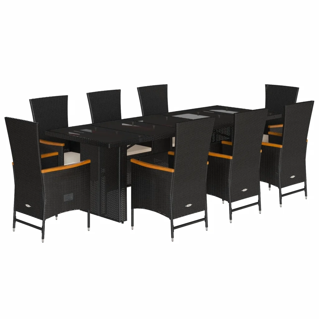 Set da Pranzo da Giardino 9 pz con Cuscini Nero in Polyrattan