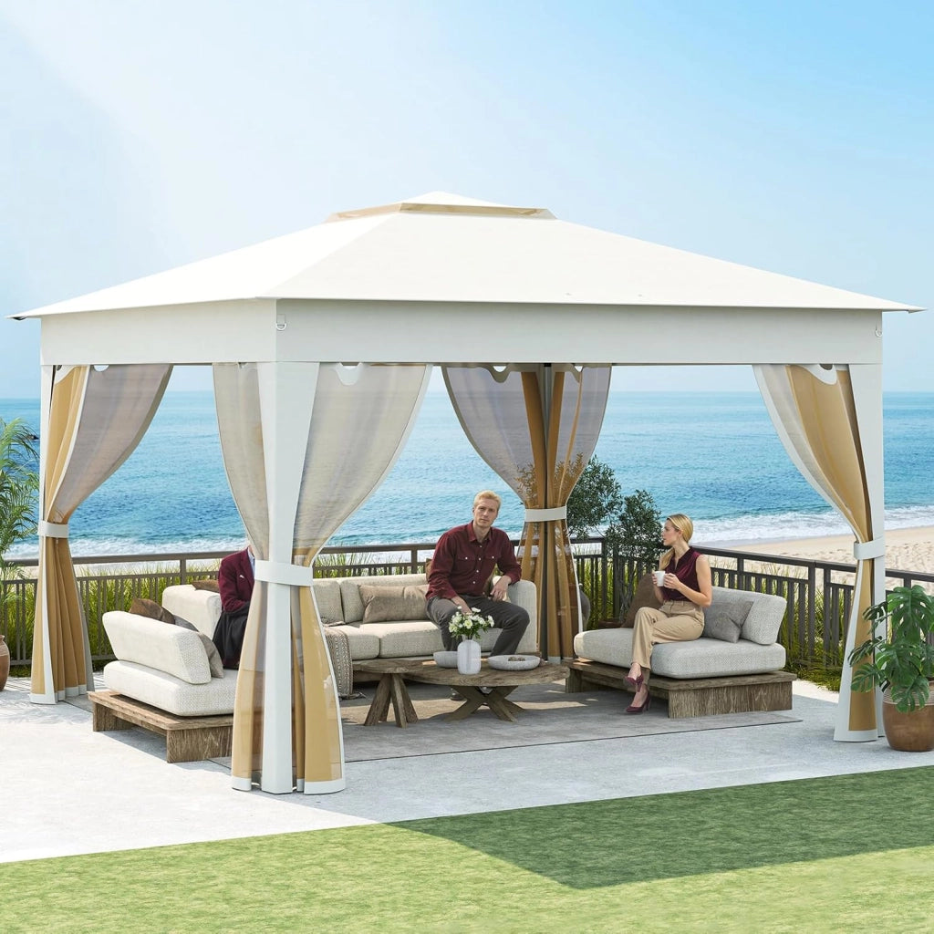 Gazebo Pieghevole 3,4 x 3,4 m con Zanzariera, Gazebo da Giardino con Tende Laterali, Tenda da Giardino Antivento Facile da Montare Resistente 210D con Borsa di Trasporto (Beige)