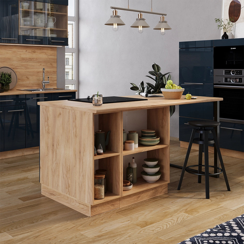 Isola cucina Fame-Line Blu scuro lucido/Rovere dorato 90 cm con cassetto, senza piano di lavoro Vicco