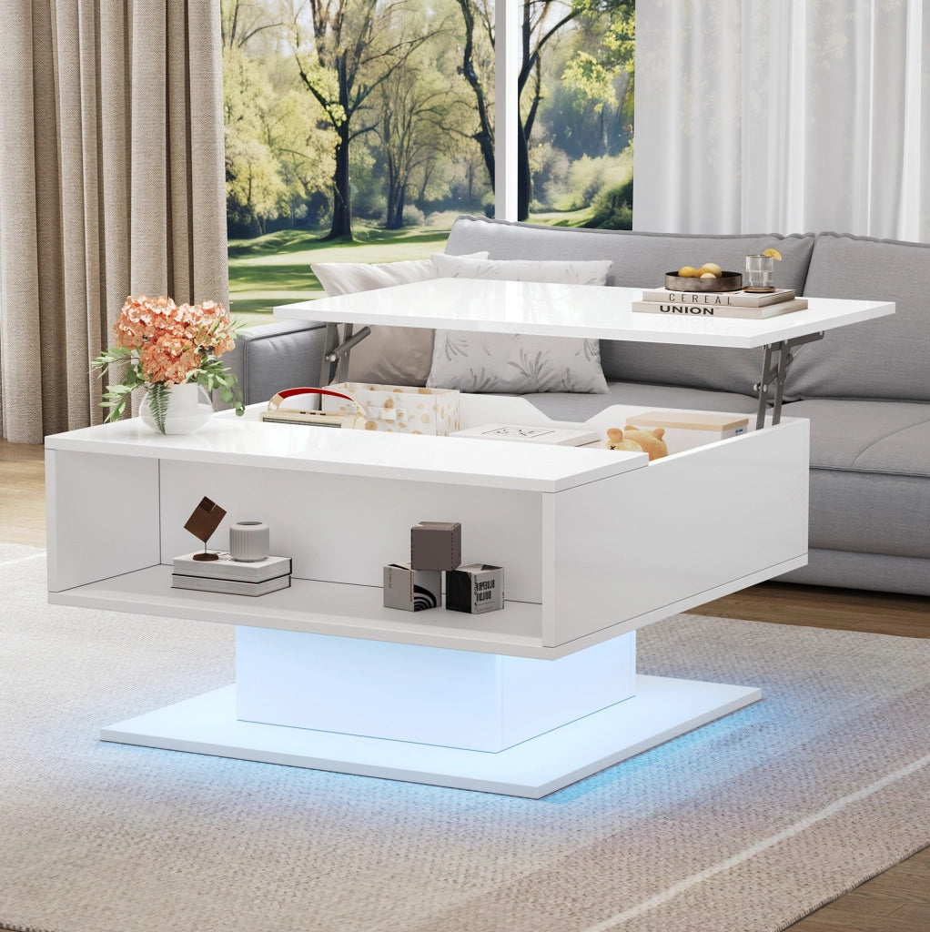 Tavolino da caffè sollevabile 80 x 75 x 40 cm con LED; contenitore nascosto; bianco