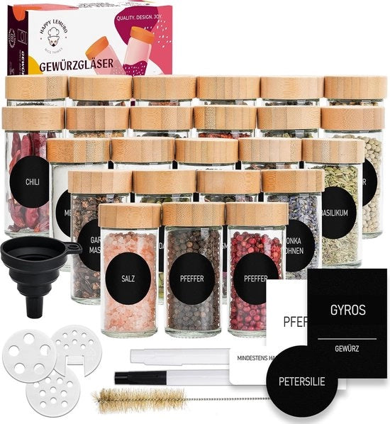 Contenitori per Spezie [24 x 100 ml] 435 Etichette in Tedesco | Contenitori per Spezie con Coperchi in Legno & Accessori - Aereostatici - Set di Contenitori per Spezie, Set da 24, Contenitori per Spezie per la Conservazione