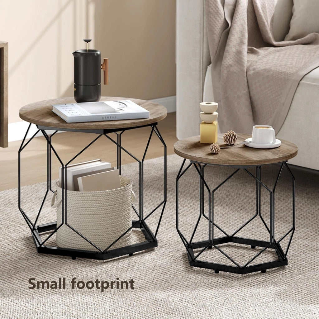 Set di 2 Tavolini da Salotto Rotondi, Tavolini Contenitori in Legno e Metallo, Tavoli Caffè con Piano Rimovibile, per Soggiorno, Camera da Letto, Legno Nero, BTS05szdc