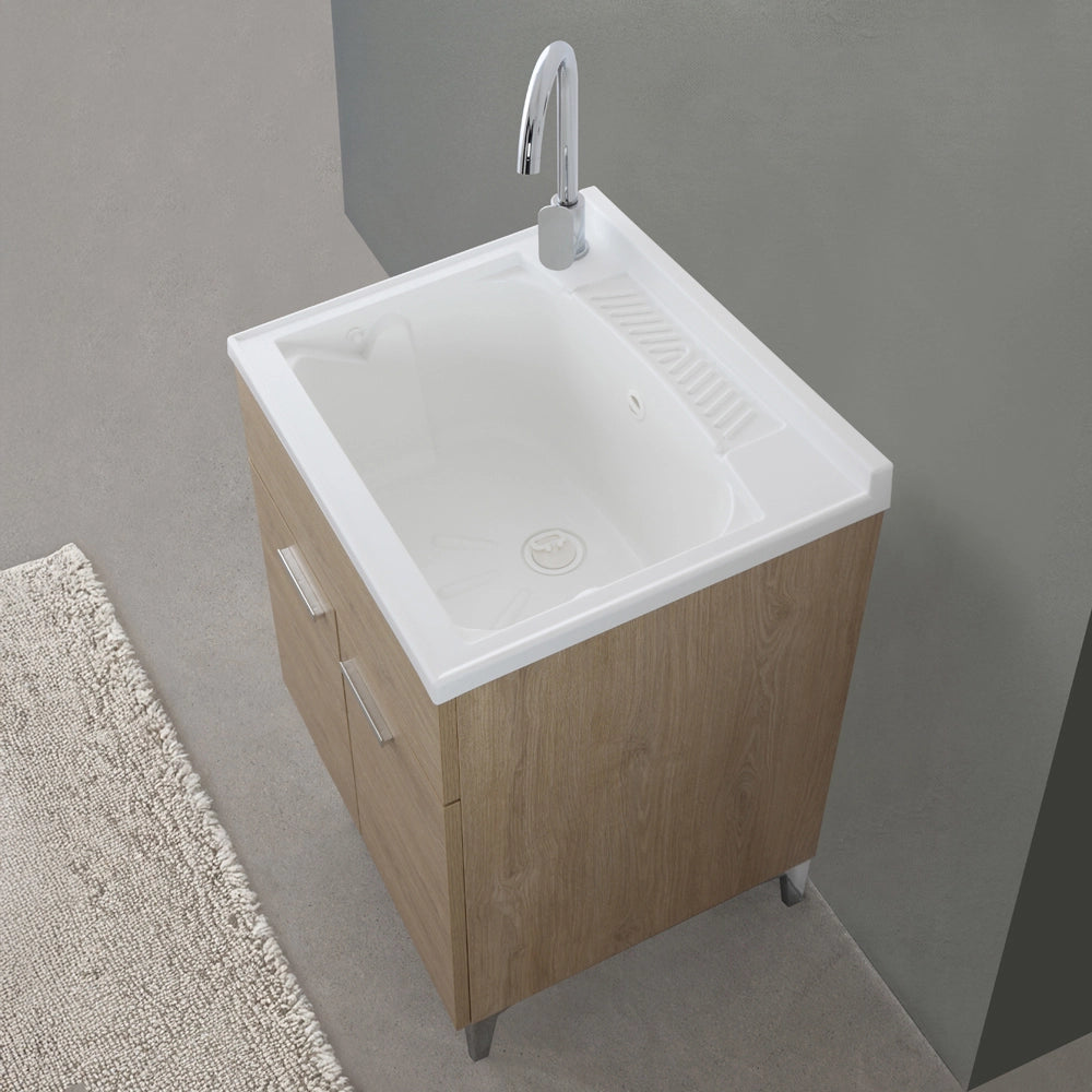 Mobile lavatoio 60x50 cm rovere con vasca in resina e asse lavapanni