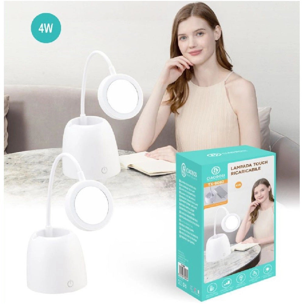 Trade Shop - Lampada Touch Tx-9082 Tavolo Led Usb Specchio Ricaricabile 3 Luminosità Snodabile -