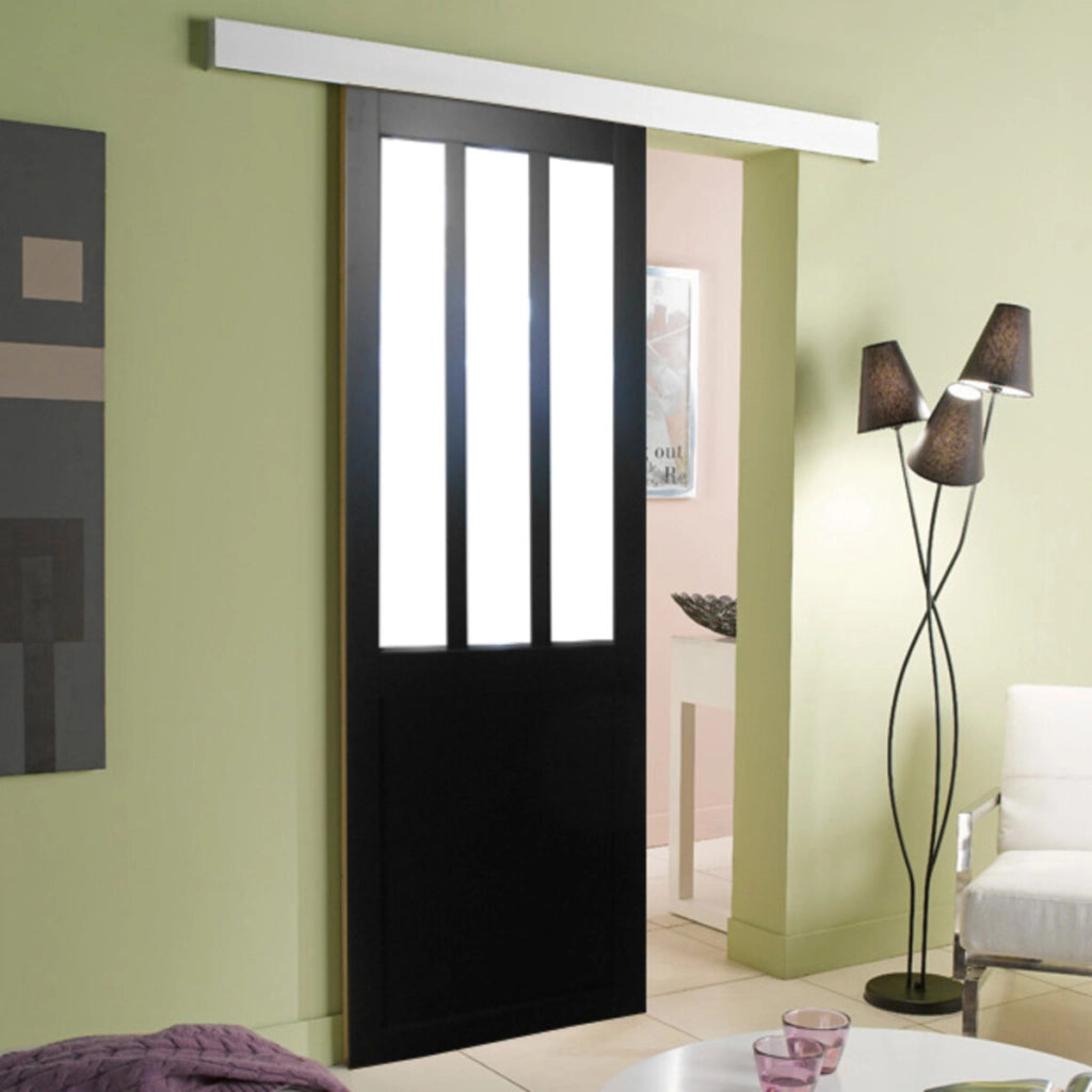 Porta Scorrevole Officina Vetro satinato nero H204 x L73 + Binario in Alluminio